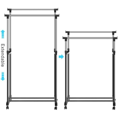 Picture of Stainless Steel Pole Clothes Hanger - Adjustable Clothes Rack Double-Pole Clothes Rack Hanger Garment Rack with Rolling wheels-Black