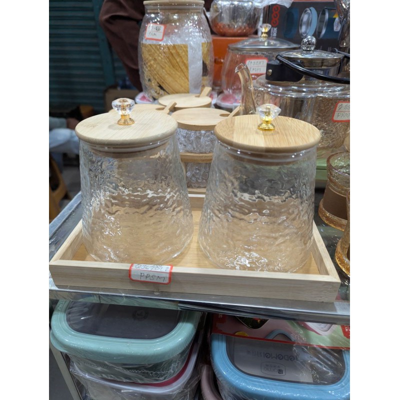 Picture of Premium Airtight Glass Storage Canister Set with Natural Wooden Lids & Crystal Knobs, Displayed on a Coordinated Bamboo Serving Tray – Ideal for Kitchen Organization