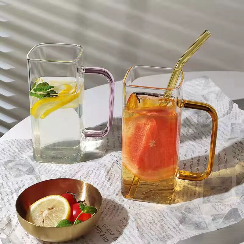 Picture of 4PCS Square Transparent Glass Cups - 400ML Borosilicate Tea Cups - Lightweight, Scratch Resistant, Microwave Safe Beverage Glasses for Living Room, Office, Dorm, School, or Home Use.