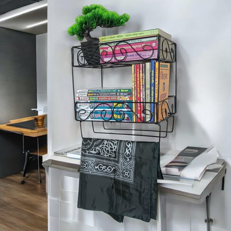 Picture of Sturdy 2-Layer Black Metal Quran and Book Stand with Jainamaz Hangers – Iron Construction, 14.5x10x12 Inches – Perfect for Home or Mosque Decor