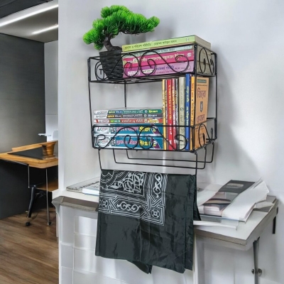 Picture of Sturdy 2-Layer Black Metal Quran and Book Stand with Jainamaz Hangers – Iron Construction, 14.5x10x12 Inches – Perfect for Home or Mosque Decor