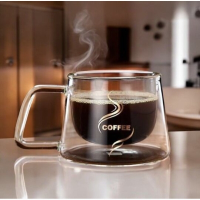 Picture of Heat Resistant 350ml 16oz Transparent Glass Coffee Cup, Made with Durable High Borosilicate Glass and Eco-Friendly Double Wall Design.
