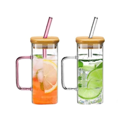 Picture of 400ML Clear Square Glass Cup Set with Bamboo Lids and Straws – 4PCS – Borosilicate Glass, Microwave Safe, Scratch Resistant, Lightweight, Colorful Handles for Milk, Juice, and Coffee Beverages.