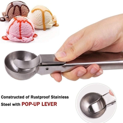 Picture of Stainless Steel Spring Trigger Ice Cream Scoop Set of 1 Pcs Remove The Ice Cream Easily, Dimension20X6.5X3-Silver