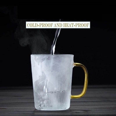 Picture of Premium Borosilicate Glass Mug with Large Yellow Handle, Funnel Shape, Dishwasher Safe - Lightweight, Classic Style, 400ml Capacity, Clear Round Glass for Tea, Coffee, and Cold Drinks.