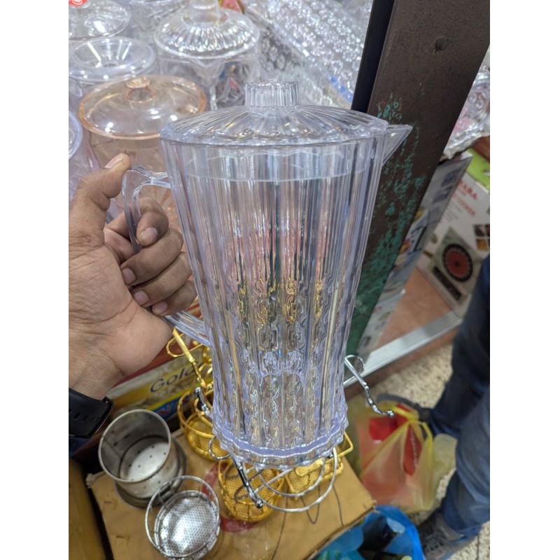 Picture of Durable Clear Ribbed Plastic Beverage Pitcher, 64 oz/2 Qt Food-Grade Polycarbonate/SAN Plastic Jug with 3-Position Lid & Handle, Dishwasher Safe Iced Tea, Lemonade, Juice Server, Break-Resistant Hospitality Tableware, Safe & Sanitary Pouring Container
