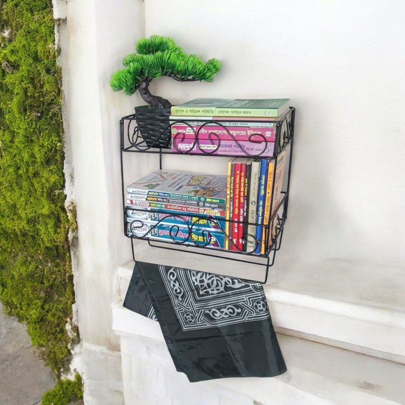 Picture of Black Metal Wall Quran Stand with Jainamaz Hangers – 2-Layer Design, 14.5x10x12 Inches – Ideal for Quran Display in Home or Mosque