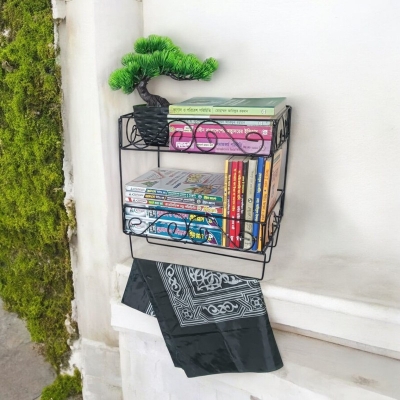 Picture of Black Metal Wall Quran Stand with Jainamaz Hangers – 2-Layer Design, 14.5x10x12 Inches – Ideal for Quran Display in Home or Mosque