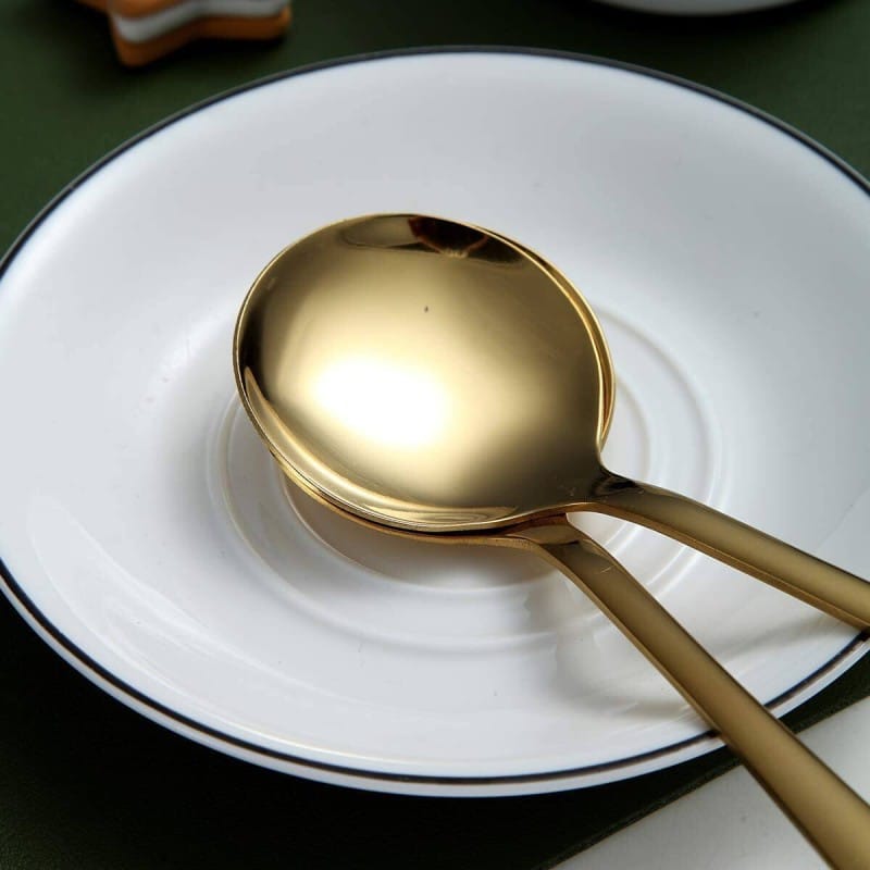 Picture of 7.5" Stainless Steel Titanium Coated Shiny Gold Round Silverware Sup Spoon 6 pcs Set Durable Easy Clean Dishwasher Safe-Gold