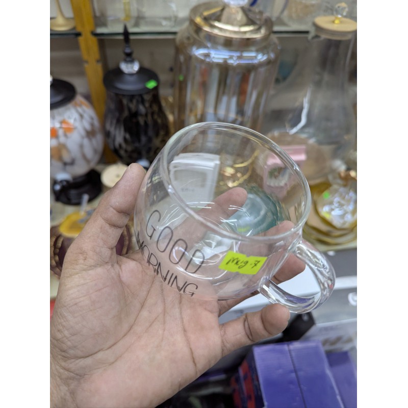 Picture of Premium Borosilicate Glass Coffee Mug with Good Morning Print Heat Resistant Transparent Round Cup for Tea Milk Juice Yogurt Breakfast Beverage and Stylish Kitchen Drinkware Gift for Family and Friends.
