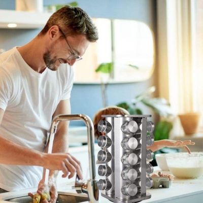 Picture of Set of 20 Spice Jars | Round Spice Rack |  Seasoning Dried Herbs Storage Organization | Stainless Steel Rotating Countertop Spice Holder Shelf for Kitchen Cabinet Organizer-Silver