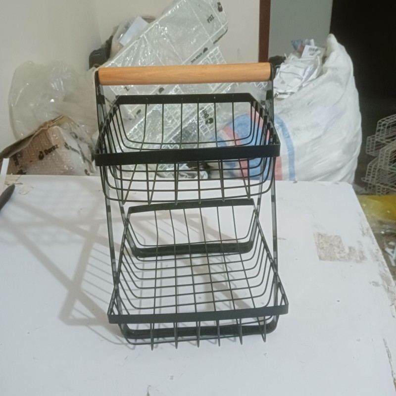Picture of 2 Tier Metal Wire Fruit Basket Countertop Organizer Display Stand with Wood handle, Bread Vegetable Spice Holder Rack for Home Kitchen Bathroom, Black