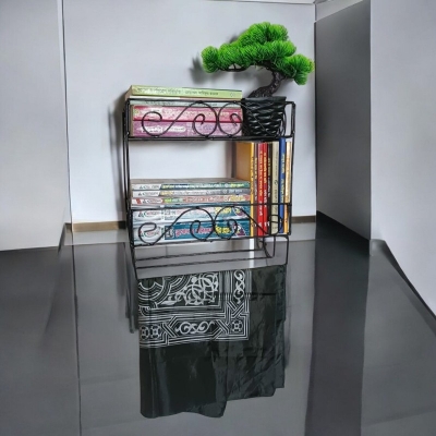 Picture of Sturdy Quran and Book Wall Shelf with Jainamaz Hangers – 2-Layer Black Metal Design.