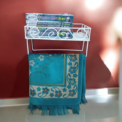 Picture of 14"x10"x2.8" Metal Quran Stand – White Wall Shelf with 2 Jaynamaz Hangers – Perfect for Home or Mosque