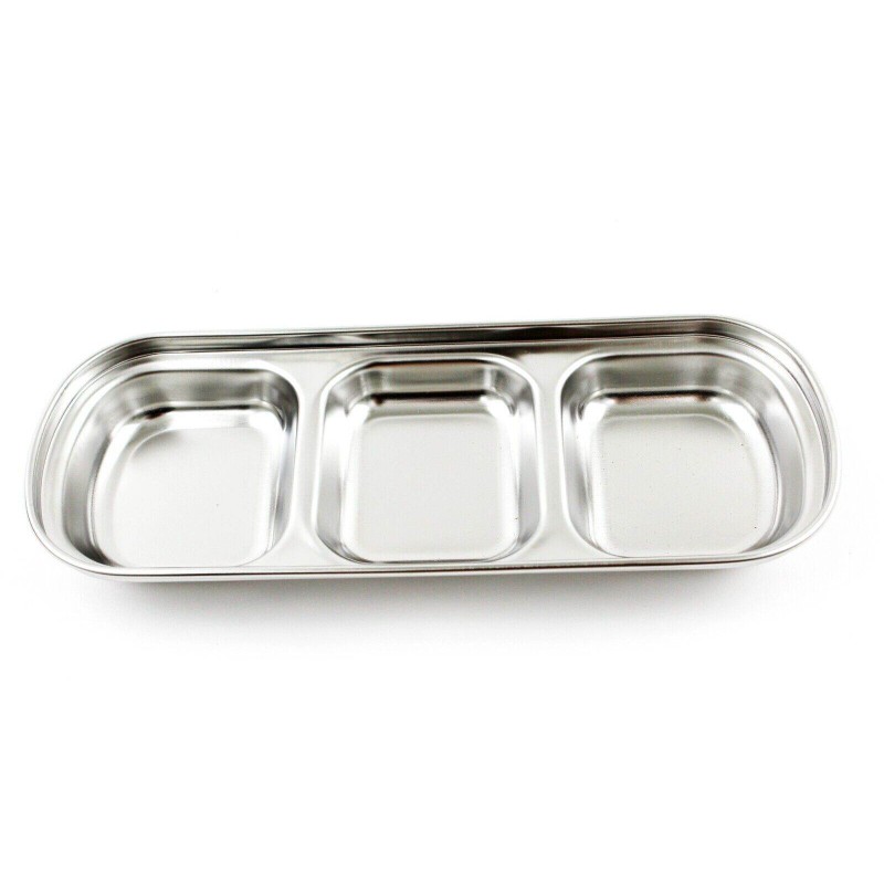 Picture of 3 compartment Sauce Dish Snack Serving Tray 304 Stainless Steel Sauce Dishes Spice Plates Kitchen Supplies Spice Plate-Silver