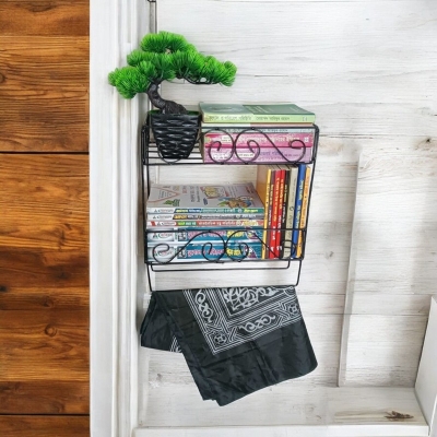 Picture of Durable 2-Layer Wall Quran Stand with Jainamaz Hangers – Black Metal Construction, 14.5x10x12 Inches – Ideal for Mosque or Home Decor