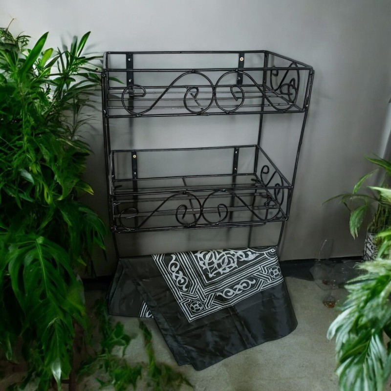 Picture of Black Iron Quran and Book Stand with Jainamaz Hangers – Sturdy 2-Layer Wall Shelf, 14.5x10x12 Inches – Perfect for Quran Sharif Display