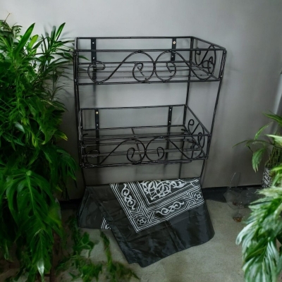 Picture of Black Iron Quran and Book Stand with Jainamaz Hangers – Sturdy 2-Layer Wall Shelf, 14.5x10x12 Inches – Perfect for Quran Sharif Display