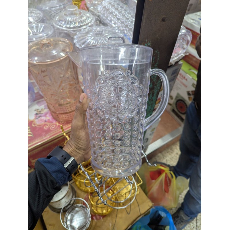 Picture of Crown Jug 2.3L Transparent Pitcher with Lid | Premium BPA Free Plastic Water Juice Iced Tea Beverage Server | Durable & Unbreakable Vintage Embossed Design for Home Kitchen Party Dining | Food Grade Acrylic Look Drink Dispenser