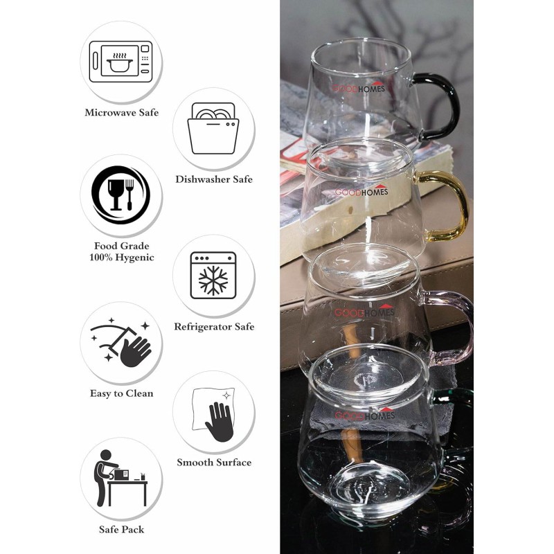 Picture of GPB57 Transparent Coffee Mug Set of 4 - 420ml Borosilicate Glass, Lightweight, Dishwasher Safe, Classic Round Shape, Perfect for Coffee, Tea, and Beverages, Clear Design for Elegant Daily Use.