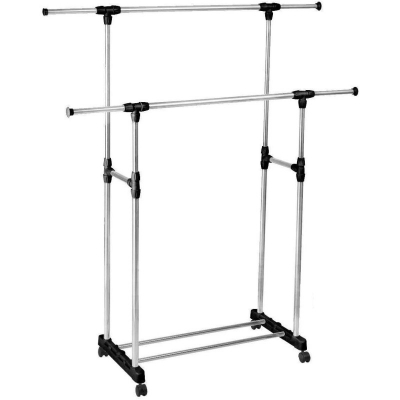 Picture of Stainless Steel Pole Clothes Hanger - Adjustable Clothes Rack Double-Pole Clothes Rack Hanger Garment Rack with Rolling wheels-Black