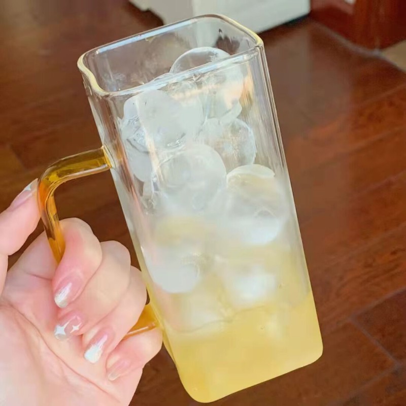 Picture of 4PCS Colorful Square Transparent Glass Cups - 350ML Borosilicate Beverage Cups - Microwave Safe, Scratch Resistant, Lightweight Tea Cups for Living Room, Office, School, Dorm, and Home Supplies.