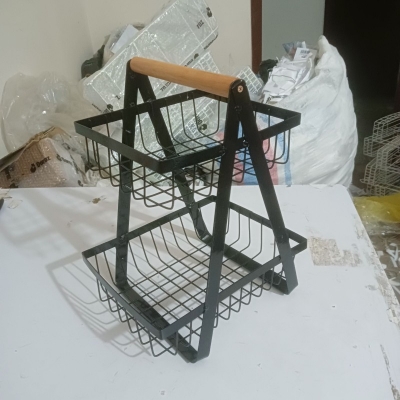 Picture of 2 Tier Metal Wire Fruit Basket Countertop Organizer Display Stand with Wood handle, Bread Vegetable Spice Holder Rack for Home Kitchen Bathroom, Black