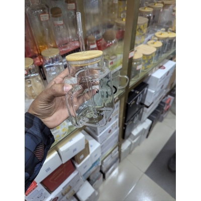 Picture of Premium 400ml High Borosilicate Square Glass Mug with Eco-Friendly Bamboo Lid and Reusable Glass Straw, Elegant Iced Coffee Tumbler with Handle for Cold Juice, Smoothies, Milk Tea, and Stylish Home Office Drinkware.