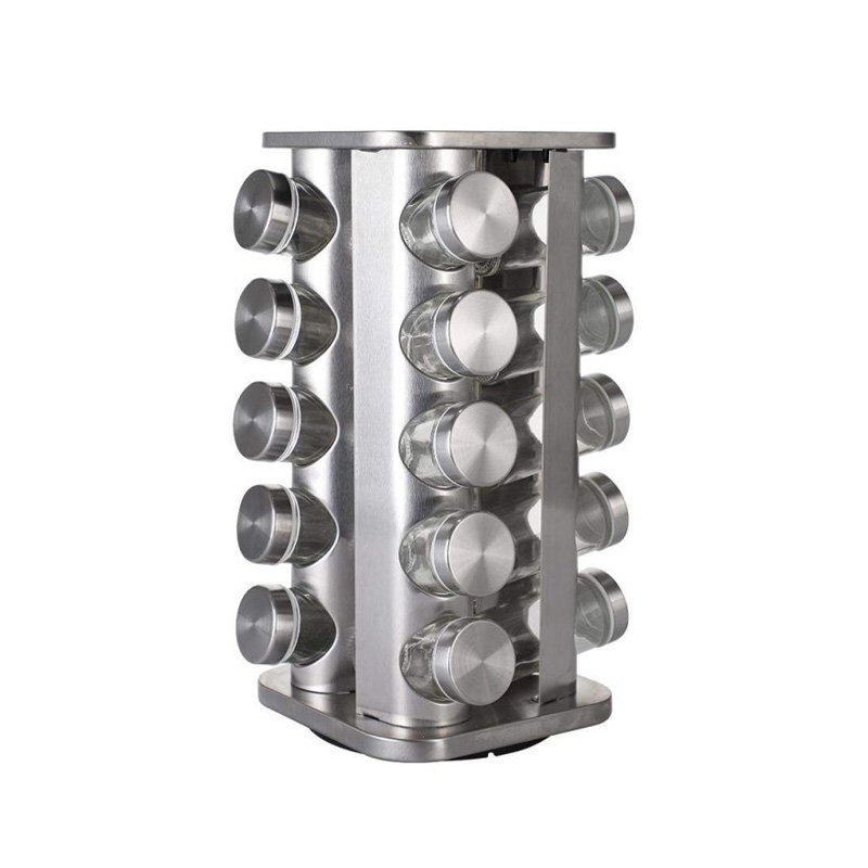 Picture of Set of 20 Spice Jars | Round Spice Rack |  Seasoning Dried Herbs Storage Organization | Stainless Steel Rotating Countertop Spice Holder Shelf for Kitchen Cabinet Organizer-Silver