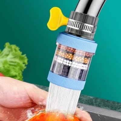 Picture of Six-layer activated carbon faucet water filter with medical stone for household kitchen and bathroom tap water purification – splash-proof design removes chlorine, heavy metals, and fluoride for clean drinking water