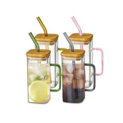 Picture of 2PCS 400ML Clear Square Glass Cup Set with Colorful Handle, Bamboo Lid, and Straw – Borosilicate Glass for Milk, Juice, Coffee – Microwave Safe, Lightweight, Scratch Resistant Tumbler.