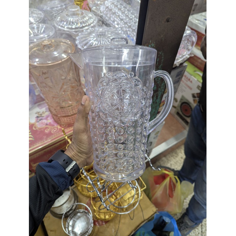 Picture of Crown Jug 2.3L Transparent Pitcher with Lid | Premium BPA Free Plastic Water Juice Iced Tea Beverage Server | Durable & Unbreakable Vintage Embossed Design for Home Kitchen Party Dining | Food Grade Acrylic Look Drink Dispenser