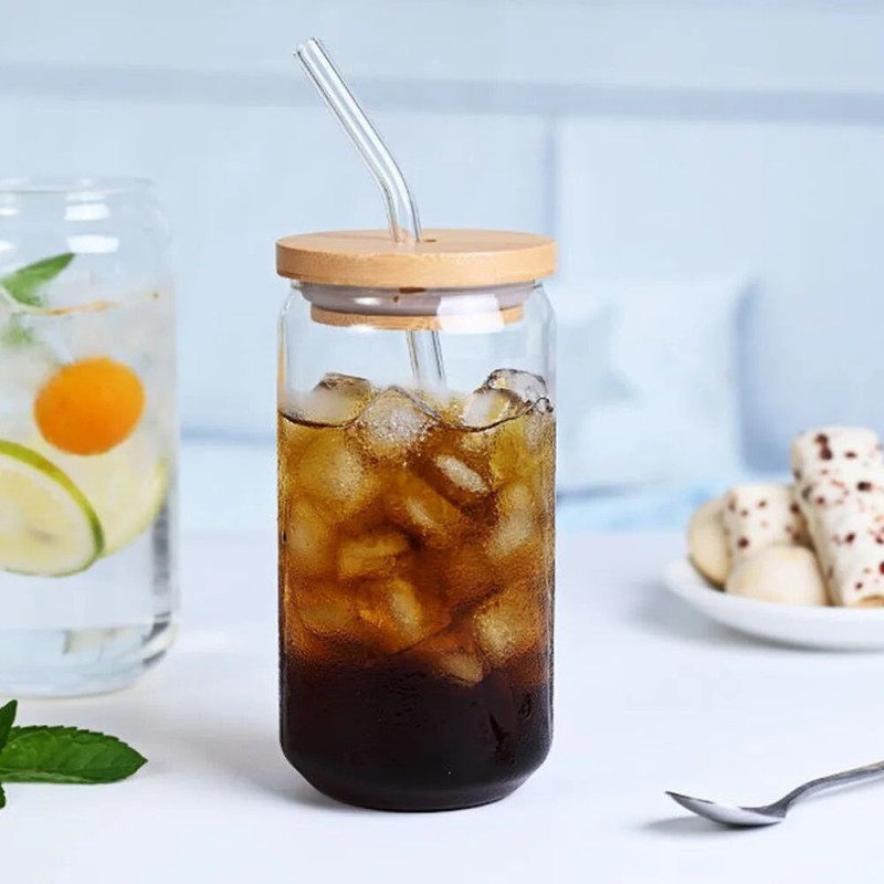 Picture of Can Shaped Glass Cup with Bamboo Lid & Glass Straw – Borosilicate Iced Coffee, , &  Tumbler – Microwave Safe, Scratch Resistant & Lightweight – 1 Pc