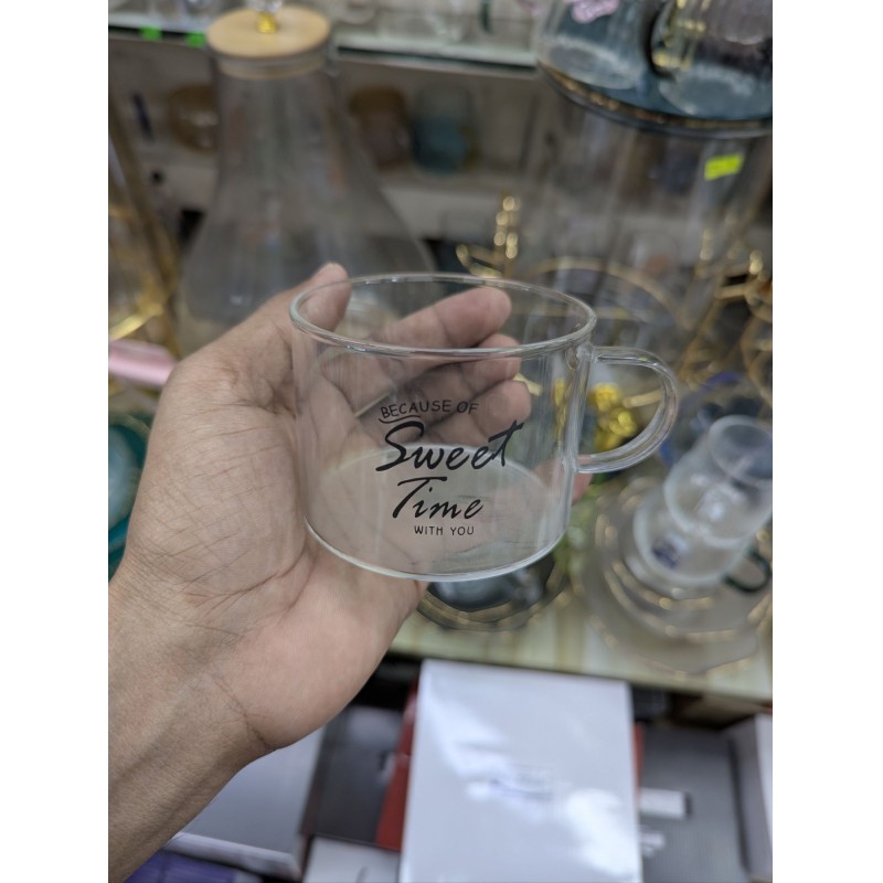 Picture of Premium Sweet Time Borosilicate Glass Mug For Hot Coffee Tea Milk Capacity Heat Resistant Transparent Cup Stylish Design With Comfortable Handle Perfect For Daily Home Office Use For Beverage Lovers.