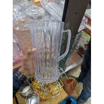 Picture of Durable Clear Ribbed Plastic Beverage Pitcher, 64 oz/2 Qt Food-Grade Polycarbonate/SAN Plastic Jug with 3-Position Lid & Handle, Dishwasher Safe Iced Tea, Lemonade, Juice Server, Break-Resistant Hospitality Tableware, Safe & Sanitary Pouring Container