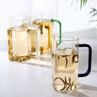 Picture of 4PCS Colorful Square Transparent Glass Cups - 350ML Borosilicate Beverage Cups - Microwave Safe, Scratch Resistant, Lightweight Tea Cups for Living Room, Office, School, Dorm, and Home Supplies.