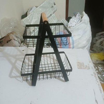 Picture of 2 Tier Metal Wire Fruit Basket Countertop Organizer Display Stand with Wood handle, Bread Vegetable Spice Holder Rack for Home Kitchen Bathroom, Black