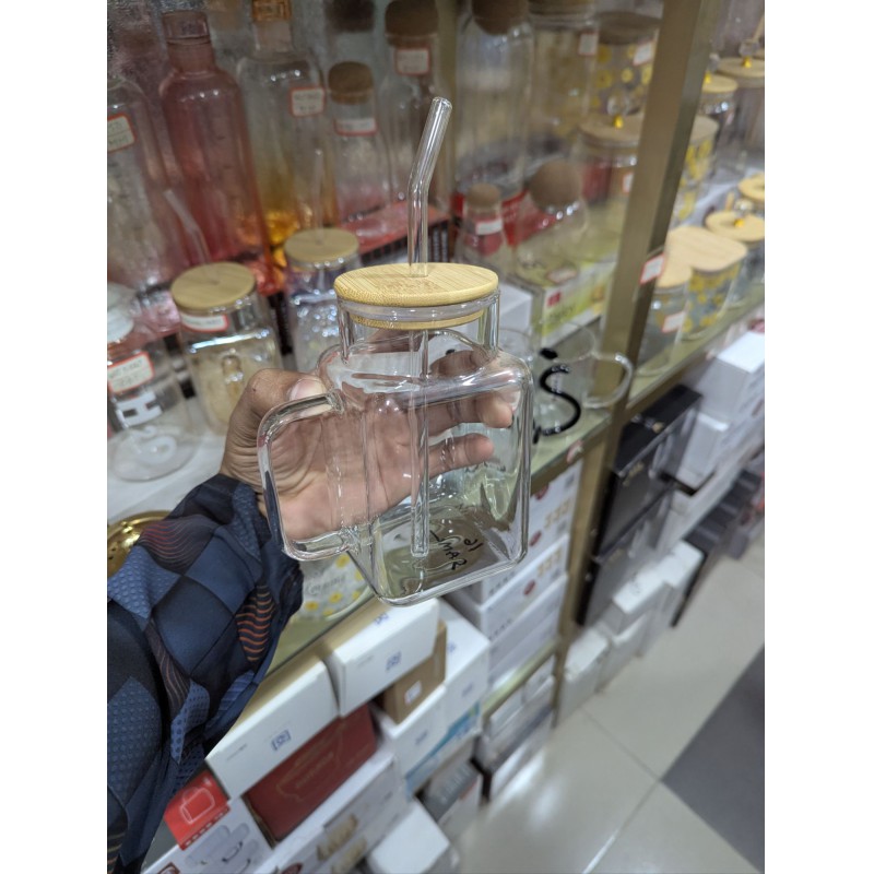 Picture of Premium 400ml High Borosilicate Square Glass Mug with Eco-Friendly Bamboo Lid and Reusable Glass Straw, Elegant Iced Coffee Tumbler with Handle for Cold Juice, Smoothies, Milk Tea, and Stylish Home Office Drinkware.