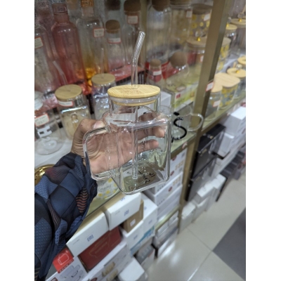 Picture of Premium 400ml High Borosilicate Square Glass Mug with Eco-Friendly Bamboo Lid and Reusable Glass Straw, Elegant Iced Coffee Tumbler with Handle for Cold Juice, Smoothies, Milk Tea, and Stylish Home Office Drinkware.