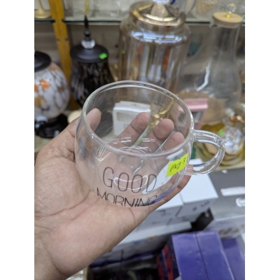 Picture of Premium Borosilicate Glass Coffee Mug with Good Morning Print Heat Resistant Transparent Round Cup for Tea Milk Juice Yogurt Breakfast Beverage and Stylish Kitchen Drinkware Gift for Family and Friends.