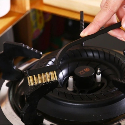 Picture of 3 PCs Mini Wire Brush Set Brass Nylon Stainless Steel Bristles Household Cleaning Brush for Stove Burner Tiles Tap etc-Multicolor