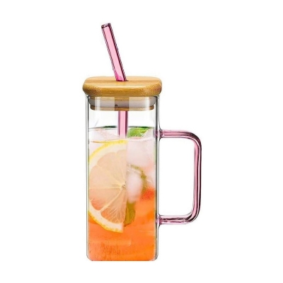 Picture of 400ML Clear Square Glass Cup Set with Bamboo Lids and Straws – 4PCS – Borosilicate Glass, Microwave Safe, Scratch Resistant, Lightweight, Colorful Handles for Milk, Juice, and Coffee Beverages.