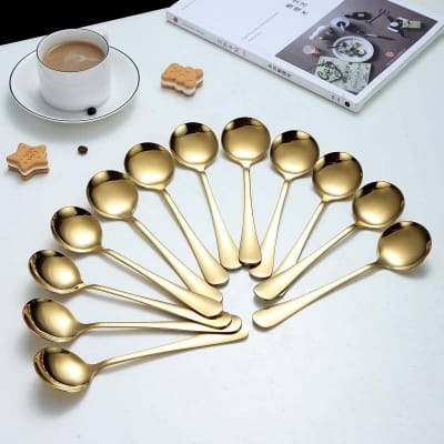Picture of 7.5" Stainless Steel Titanium Coated Shiny Gold Round Silverware Sup Spoon 6 pcs Set Durable Easy Clean Dishwasher Safe-Gold