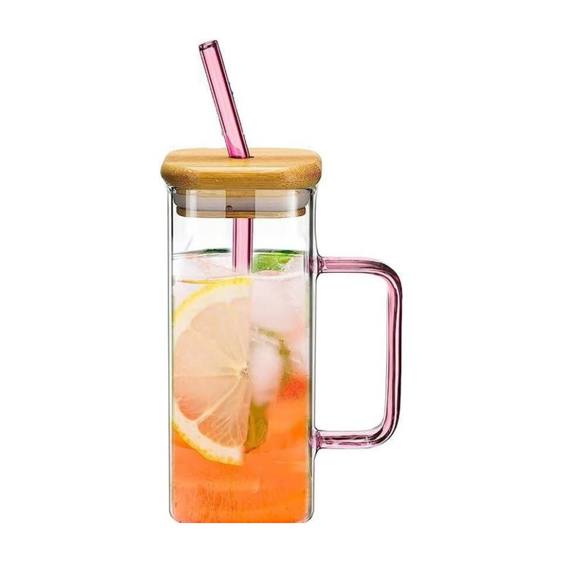 Picture of 400ML Clear Square Glass Cup with Colorful Handle, Bamboo Lid, and Straw - Borosilicate Tumbler for Milk, Juice, or Coffee - Lightweight, Microwave Safe, and Scratch Resistant.