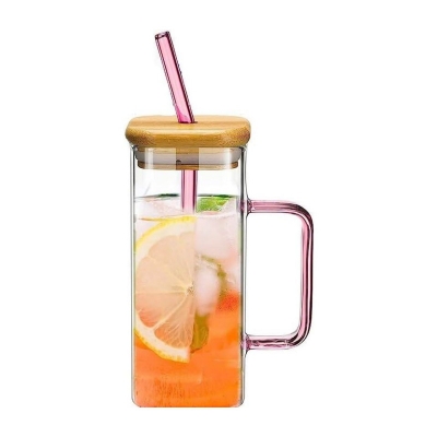 Picture of 400ML Clear Square Glass Cup with Colorful Handle, Bamboo Lid, and Straw - Borosilicate Tumbler for Milk, Juice, or Coffee - Lightweight, Microwave Safe, and Scratch Resistant.