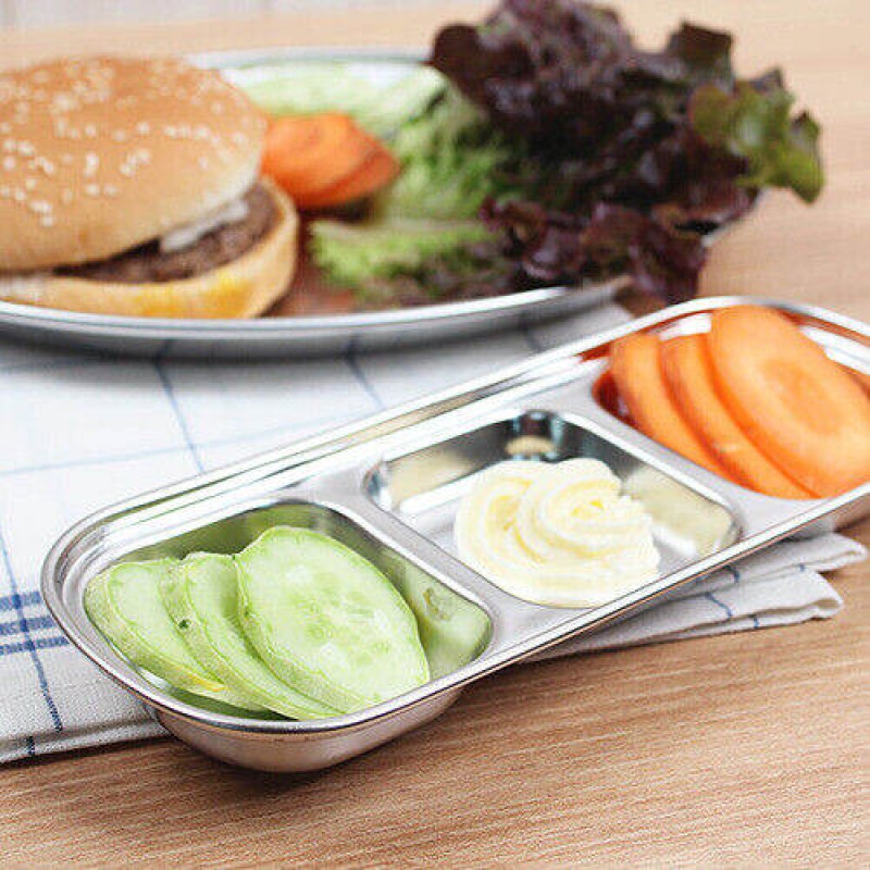 Picture of 3 compartment Sauce Dish Snack Serving Tray 304 Stainless Steel Sauce Dishes Spice Plates Kitchen Supplies Spice Plate-Silver