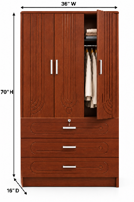 Picture of Timber Furniture Classic Design Laminated Board 3 Door Wardrobe 36 W × 20 D × 72 H Inches