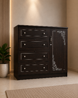Picture of Timber Furniture 4 Drawer Dresser with 1 Door Storage Cabinet, Melamine Board