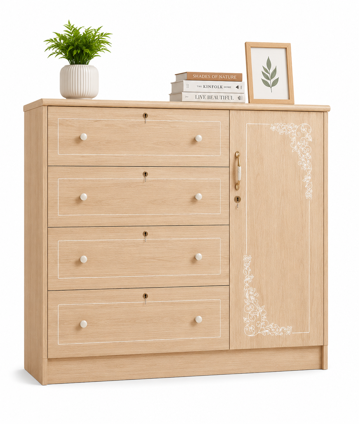 Picture of Timber Furniture 4 Drawer Dresser with 1 Door Storage Cabinet, Melamine Board