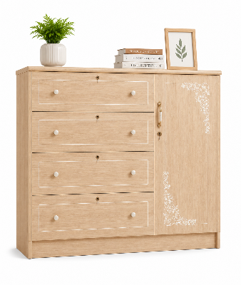 Picture of Timber Furniture 4 Drawer Dresser with 1 Door Storage Cabinet, Melamine Board